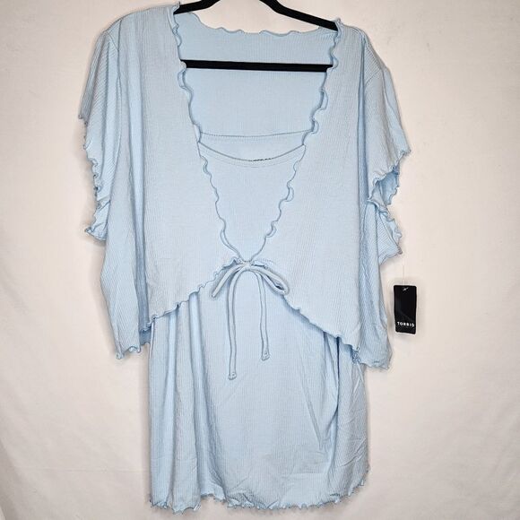 4X 26W Torrid Blue Cami Shrug Set Rib Lettuce Edge Fitted Supersoft Stretch 90s - Picture 3 of 12